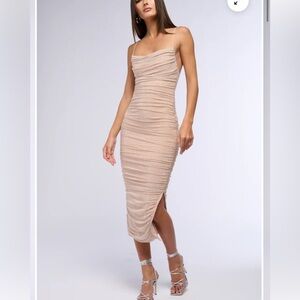 Akira Large Beige Ruched Midi Dress Cocktail Rhinestone Nude Sparkle